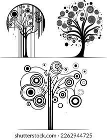 A collection of images of ornamental trees in the Art Deco style similar to the works of Klimt with round and spiral branches and leaves, suitable for logos and illustrations