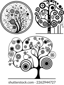 A collection of images of ornamental trees in the Art Deco style similar to the works of Klimt with round and spiral branches and leaves, suitable for logos and illustrations