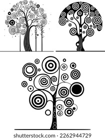 A collection of images of ornamental trees in the Art Deco style similar to the works of Klimt with round and spiral branches and leaves, suitable for logos and illustrations