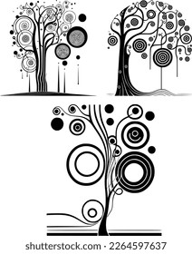 A collection of images of ornamental trees in the Art Deco style similar to the works of Klimt with round and spiral branches and leaves, suitable for logos and illustrations