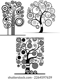 A collection of images of ornamental trees in the Art Deco style similar to the works of Klimt with round and spiral branches and leaves, suitable for logos and illustrations