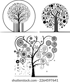 A collection of images of ornamental trees in the Art Deco style similar to the works of Klimt with round and spiral branches and leaves, suitable for logos and illustrations