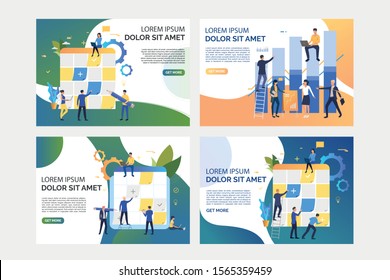 Collection of images with people analysing business and planning. Taskboard, teamwork, optimization. Flat vector illustration. Business process concept for banner, website design or landing web page
