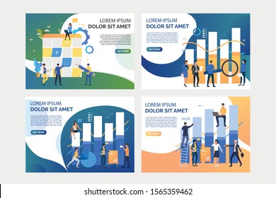 Collection of images with people analysing graph and doing note. Statistics, taskboard, finance. Flat vector illustration. Business process concept for banner, website design or landing web page