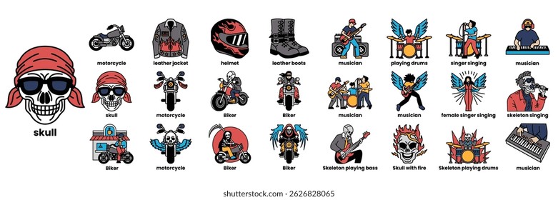 A collection of images of people and objects related to motorcycles, music, and other activities. The images include a skull, a motorcycle, a helmet, a guitar, a drum, and a person wearing a bandana
