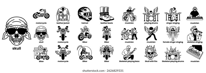 A collection of images of people and objects related to motorcycles, music, and other activities.