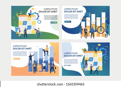 Collection of images with people planning and analysing finance. Taskboard, teamwork, optimization. Flat vector illustration. Business process concept for banner, website design or landing web page