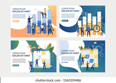 Collection of images with people working with business analysis. Graph, teamwork, finance. Flat vector illustration. Business process concept for banner, website design or landing web page