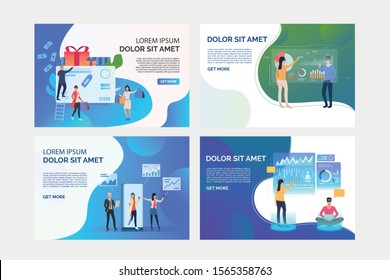 Collection of images with people working virtually via Internet. Development, teamwork, shopping, commerce. Flat vector. Virtual reality concept for banner, website design or landing web page