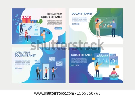 Collection of images with people working virtually via Internet. Development, teamwork, shopping, commerce. Flat vector. Virtual reality concept for banner, website design or landing web page