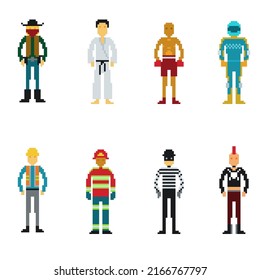 A collection of images or a set of vector icons of people in their work uniforms, drawn in a pixel art style