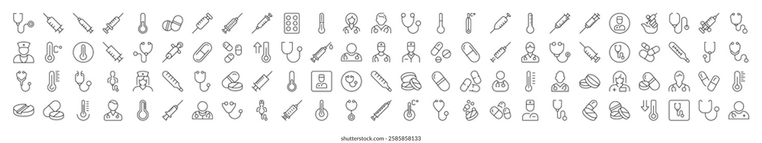 Collection of Images of Syringe, Stethoscope, Pills, Thermometer, Doctor Drawn with Thin Line for apps, web sites, banners, infographics and other types of design