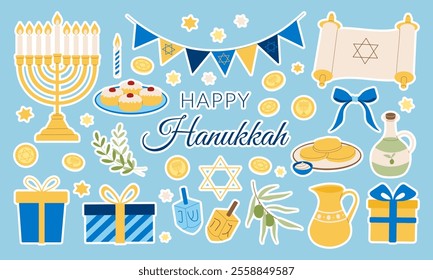 A collection of images and text that celebrate Hanukkah. The images include a menorah, a box, a bottle, a bowl, a cup, a plate, a candle, and a tree