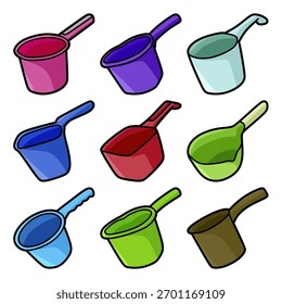 collection of images of various colored plastic water dipper, simple vectors.eps