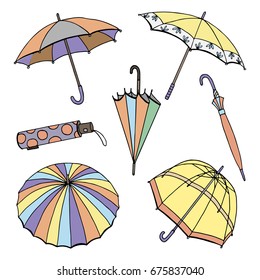 A collection of images of the vector format of umbrellas. Line and colored silhouette of umbrellas, isolated on white background. Doodle Set