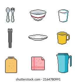 A collection of images or vector icon sets of tableware (plates, bowls, cups, spoons, rakes, chopsticks, water jugs, cutting boards), drawn in pixelart style