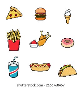A collection of images or vector sets of icons of various kinds of fast food (pizza, burgers, french fries, donuts, tacos, ice cream, fried chicken, hot doug, soft drinks) , drawn in pixelart style