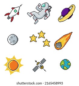 a collection of images or vector sets of space icons (astronaut, not, sun, planet, rocket, stars, earth, comet), drawn in pixel art style