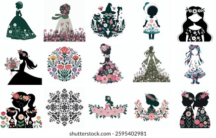 A collection of images of women and flowers vector illustration, Floral Girls Silhouettes