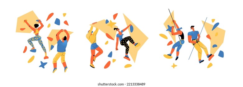 Collection of images of young people on the climbing wall. Indoor climbing training. Isolated characters on a white background. Flat style illustration