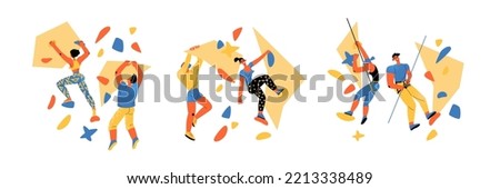 Collection of images of young people on the climbing wall. Indoor climbing training. Isolated characters on a white background. Flat style illustration