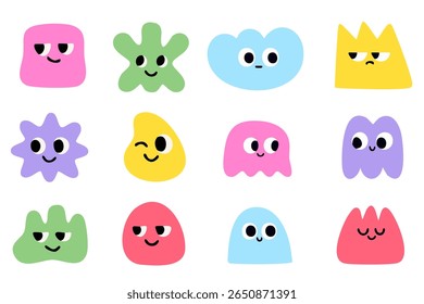 Collection of imaginative abstract characters with expressive faces in bright pastel tones, perfect for playful and modern designs