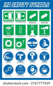 Collection of IMO safety symbols featuring standardized maritime signs such as emergency exit, evacuation routes, lifebuoy, life jacket, eye wash station, safety shower, and mandatory PPE icons. Designed in green and blue with clear white pictograms, ideal for ships, marine and industrial safety, and emergency guidance. Clean and modern vector style.