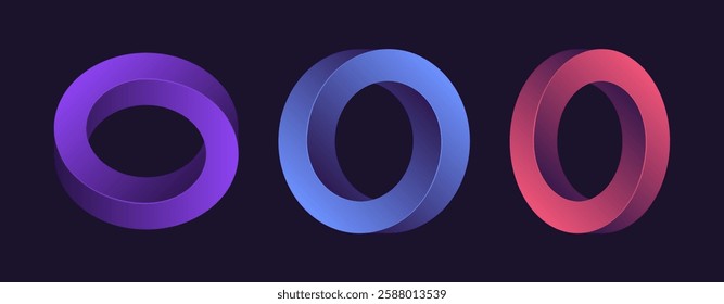 Collection of impossible circles shapes. Optical illusion circles in different gradient colours. Abstract unreal geometric form for logo, sticker, label and design. Vector illustration.