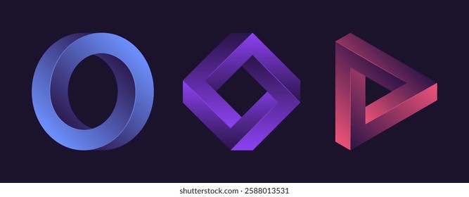 Collection of impossible geometric shapes. Optical illusion circle, square and triangle in different gradient colours. Abstract unreal geometric form for logo, sticker, label and design