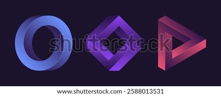 Collection of impossible geometric shapes. Optical illusion circle, square and triangle in different gradient colours. Abstract unreal geometric form for logo, sticker, label and design