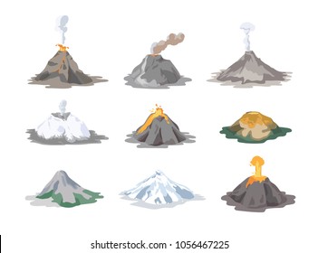 Collection of inactive and active volcanoes erupting and emitting smoke, ash clouds and lava isolated on white background. Bundle of volcanic eruptions. Colorful vector illustration in flat style.