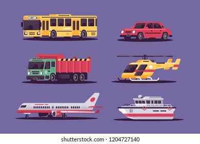 Collection includes air, land and sea transport. Concept set vehicle with car, bus, helicopter, airplane, boat. Vector illustration