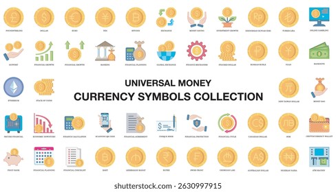 La colección incluye monedas, billetes y otros símbolos financieros. El color azul de los símbolos da una sensación de estabilidad y confianza