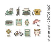 The collection includes essential items from the past, such as a classic fax machine with paper, an old-school brick-style mobile phone, a manual typewriter, and a vintage rotary telephone with a coiled cord. Further items representing the technological transition include a digital pager, a 3.5-inch floppy disk, and a classic calculator. To complement these electronics, the set also features everyday household and personal items: an elegant wristwatch, a polka-dot patterned umbrella, a stationary electric table fan, a simple bicycle, and a traditional twin-bell alarm clock