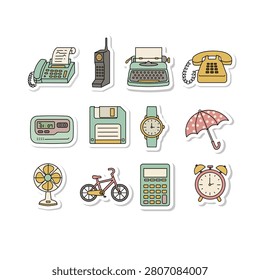 The collection includes essential items from the past, such as a classic fax machine with paper, an old-school brick-style mobile phone, a manual typewriter, and a vintage rotary telephone with a coiled cord. Further items representing the technological transition include a digital pager, a 3.5-inch floppy disk, and a classic calculator. To complement these electronics, the set also features everyday household and personal items: an elegant wristwatch, a polka-dot patterned umbrella, a stationary electric table fan, a simple bicycle, and a traditional twin-bell alarm clock