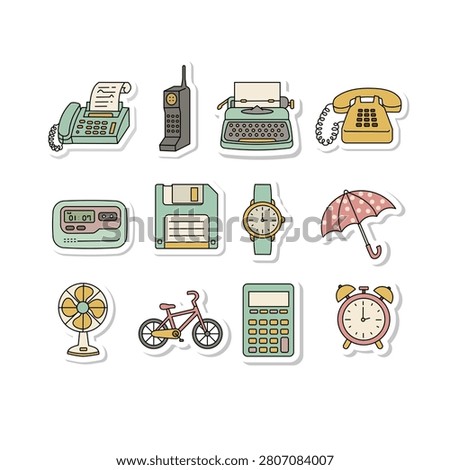 The collection includes essential items from the past, such as a classic fax machine with paper, an old-school brick-style mobile phone, a manual typewriter, and a vintage rotary telephone with a coiled cord. Further items representing the technological transition include a digital pager, a 3.5-inch floppy disk, and a classic calculator. To complement these electronics, the set also features everyday household and personal items: an elegant wristwatch, a polka-dot patterned umbrella, a stationary electric table fan, a simple bicycle, and a traditional twin-bell alarm clock