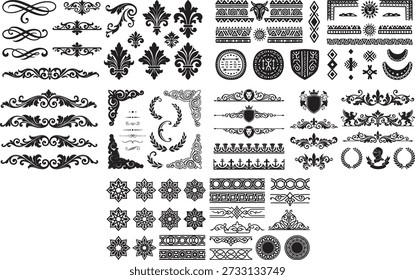 Collection includes floral elements borders corners dividers for vintage design, invitations, certificates, frames and royal decorations. Use these decorative ornaments for different artistic projects to add flourish design. Beautiful elements in black color great for decoration.