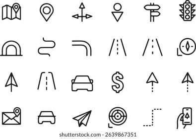 Collection includes map, location, navigation arrows, traffic lights, compass, road, car and dollar sign icons on a transparent background.