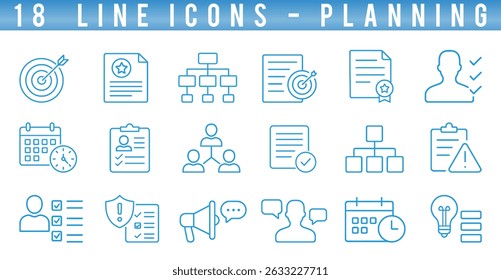 Collection includes modern line icons that represent key planning concepts like goal setting, organizational structures, and task management