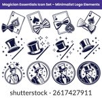 Collection includes playing card, bowtie, hat, magic wand and magician logo. Isolated vector outlines are great for web, print and graphic projects.