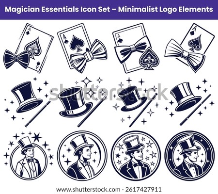 Collection includes playing card, bowtie, hat, magic wand and magician logo. Isolated vector outlines are great for web, print and graphic projects.