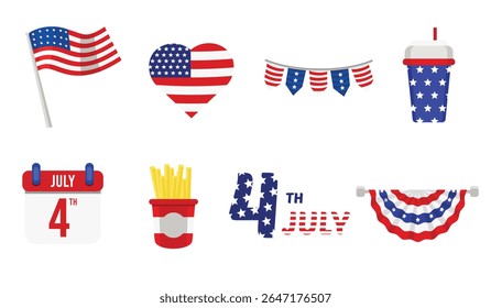 Collection of Independence Day July 4th icons with hearts, fries, flags, and drinks