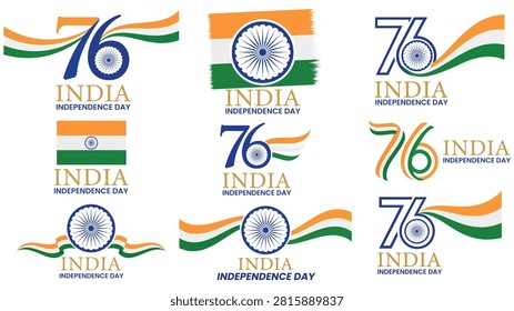 Collection of India Independence Day logo designs featuring patriotic symbols national colors and commemorative typography suitable for branding celebrations greeting cards promotional materials and festive campaigns.