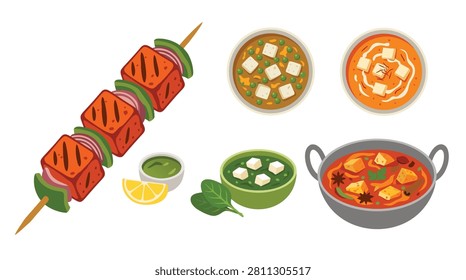 A collection of Indian cheese preparation Cuisine Dishes Collection paneer tikka grilled, palak spinach, shahi royal, kadhai spicy, mattar paneer peas.