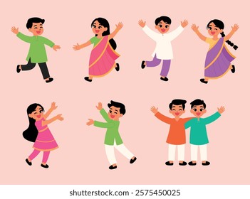 Collection of Indian Children Gesture, Cute Boy and Girl Dance, Present , Hug illustration