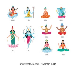 Collection of Indian goddess male and female cartoon characters, flat vector illustration isolated on white background. Religious mythological symbols of Indian culture.