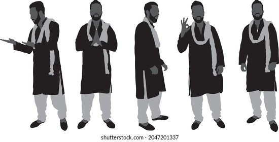 Collection of Indian men silhouette posing wearing a decorative sherwani for a traditional cultural event