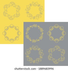 Collection of Indian round decorative element icons isolated on a contrasting background. Yellow and gray  elegant wreath frame  vector outline icons set 