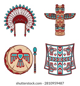 A collection of indigenous cultural items featuring a feathered headdress carved totem pole ceremonial drum and decorated tribal clothing