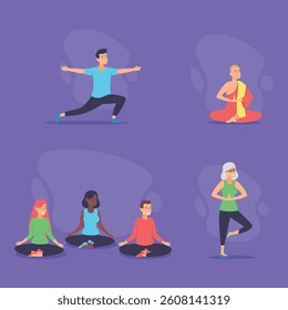 Collection of individuals engaged in various fitness activities, showcasing yoga, meditation, and concentration. Energy, movement and relaxation concept